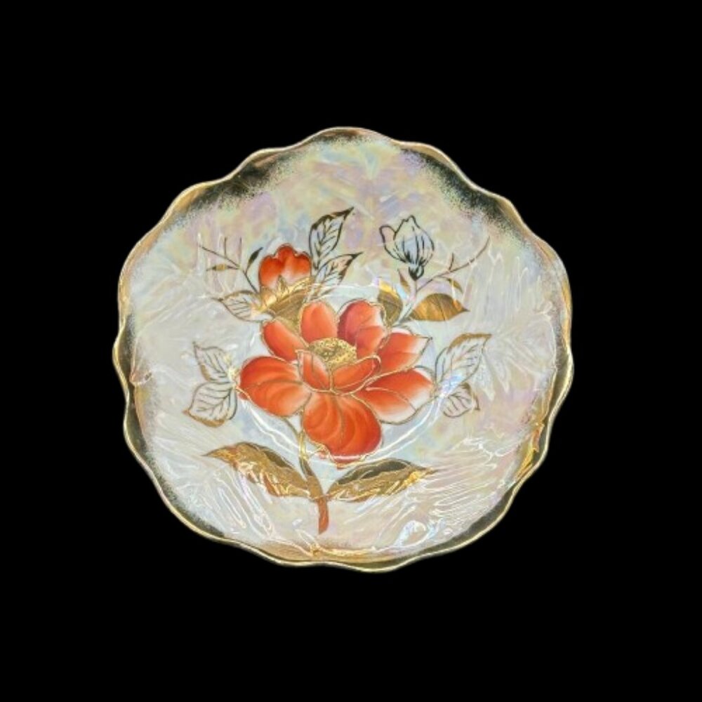 Vintage Hand Painted Pearl Lusterware Poppy Floral Gold Trim Porcelain Bowl 7"